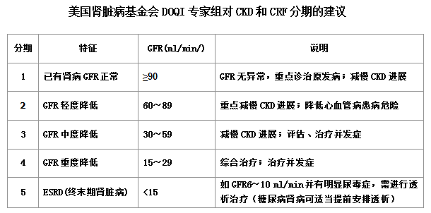 美国肾脏病基金会DOQI专家组对CKD和CRF分期的建议