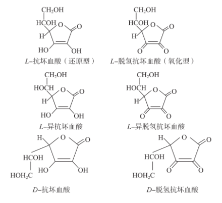 L-抗坏血酸和L-脱氢抗坏血酸及其异构体的化学结构